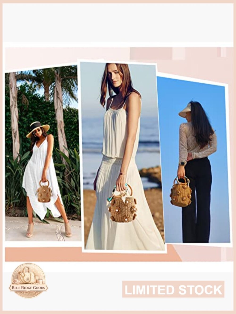 Woven Straw Bucket Bag Drawstring Tote Summer Beach Handbag Pearl Flower - Picture 2 of 7